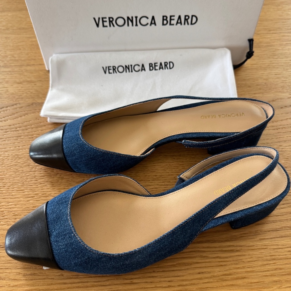 Veronica Beard Denim and Black Slingback Sandals